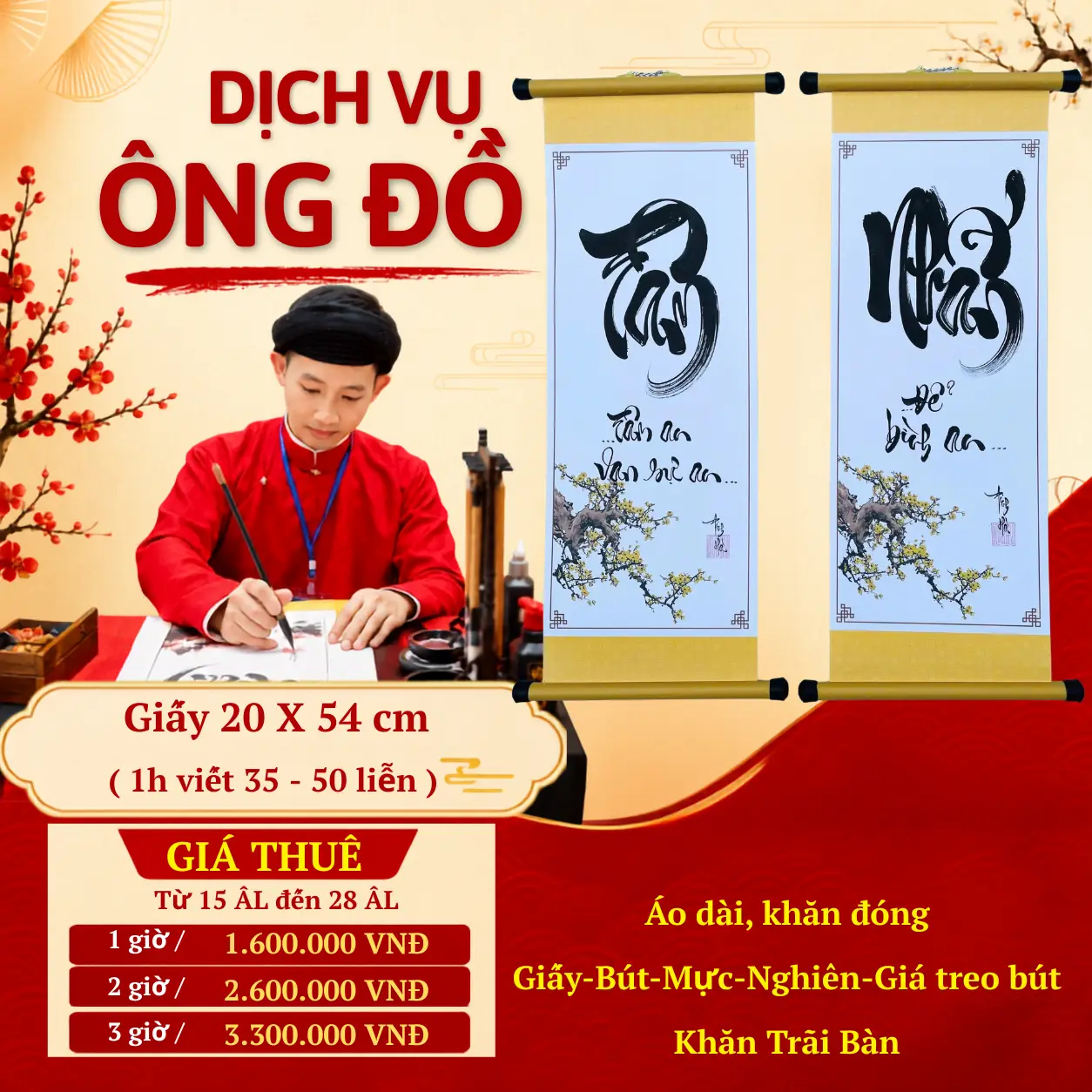 Bảng giá thuê ông đồ Đà Nẵng sử dụng giấy thư pháp 20x54cm