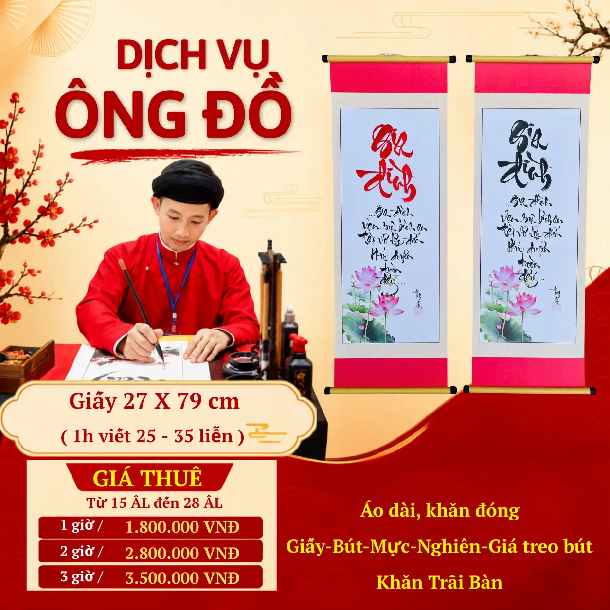 Bảng giá thuê ông đồ Đà Nẵng sử dụng giấy thư pháp 27x79cm