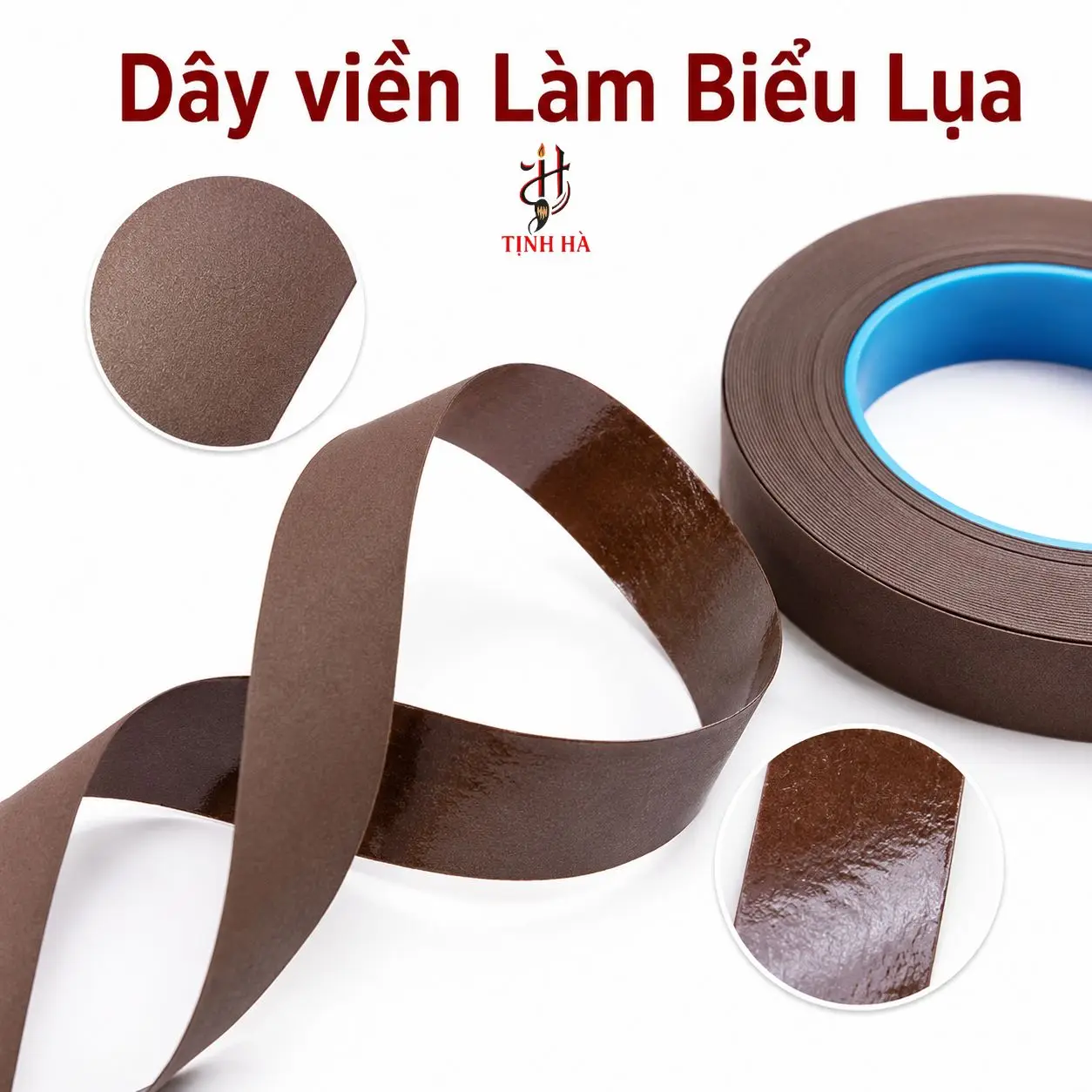 Cận cảnh bề mặt dây viền làm biểu lụa màu nâu cà phê