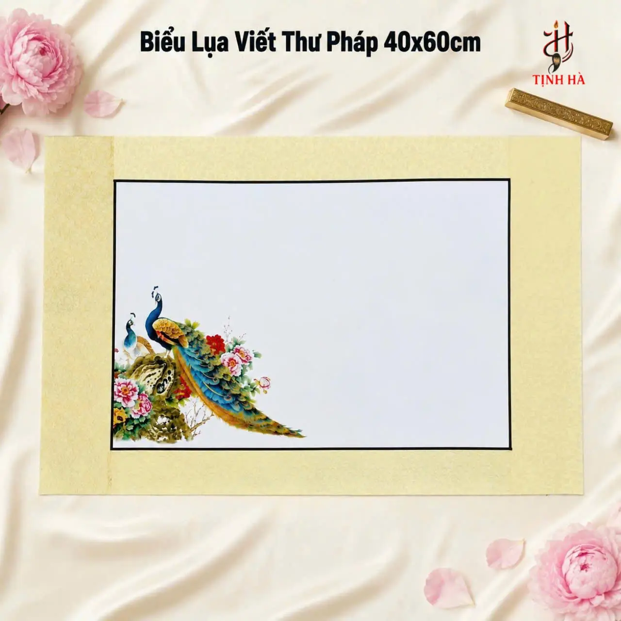 Biểu lụa thư pháp chim công và hoa kích thước 40x60cm