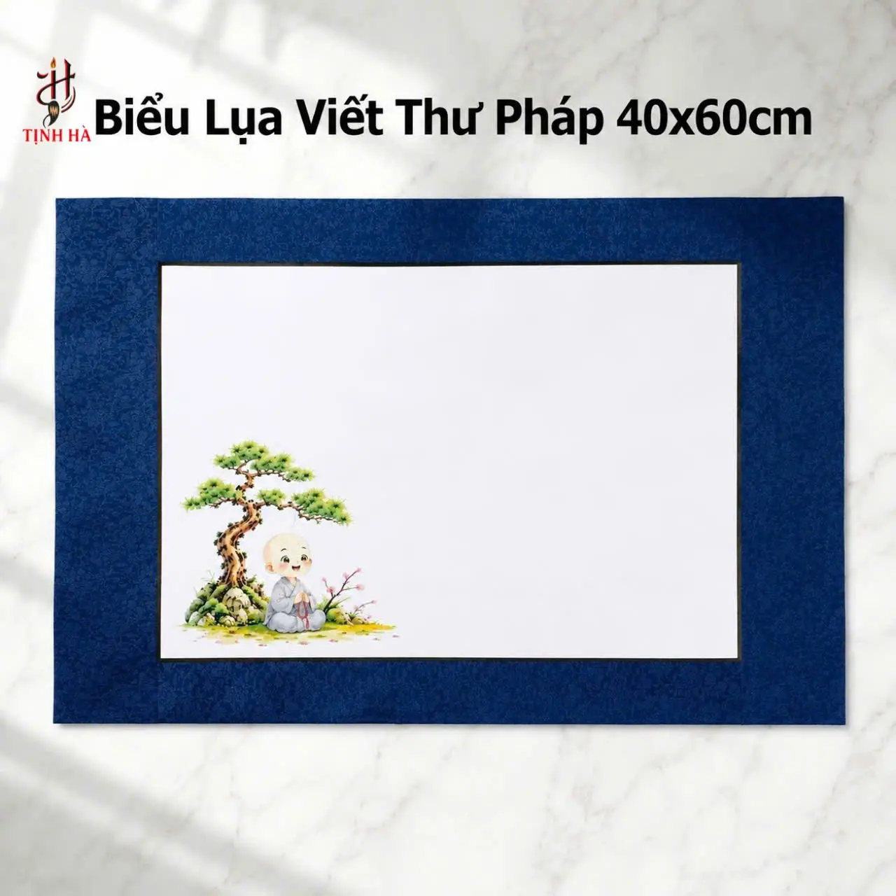 Biểu lụa viết thư pháp chú tiểu viền xanh