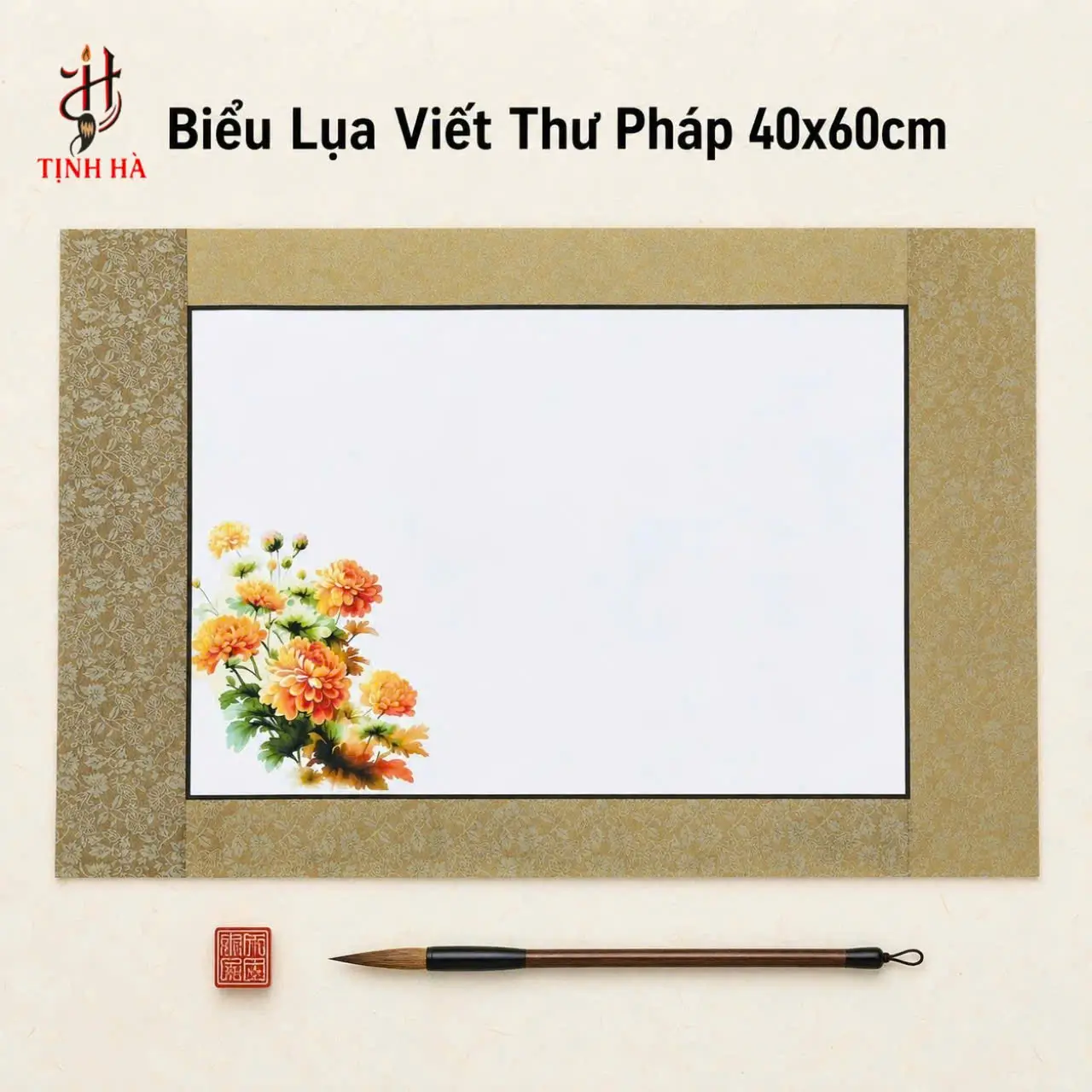 Biểu lụa viết thư pháp hoa cúc 40x60cm