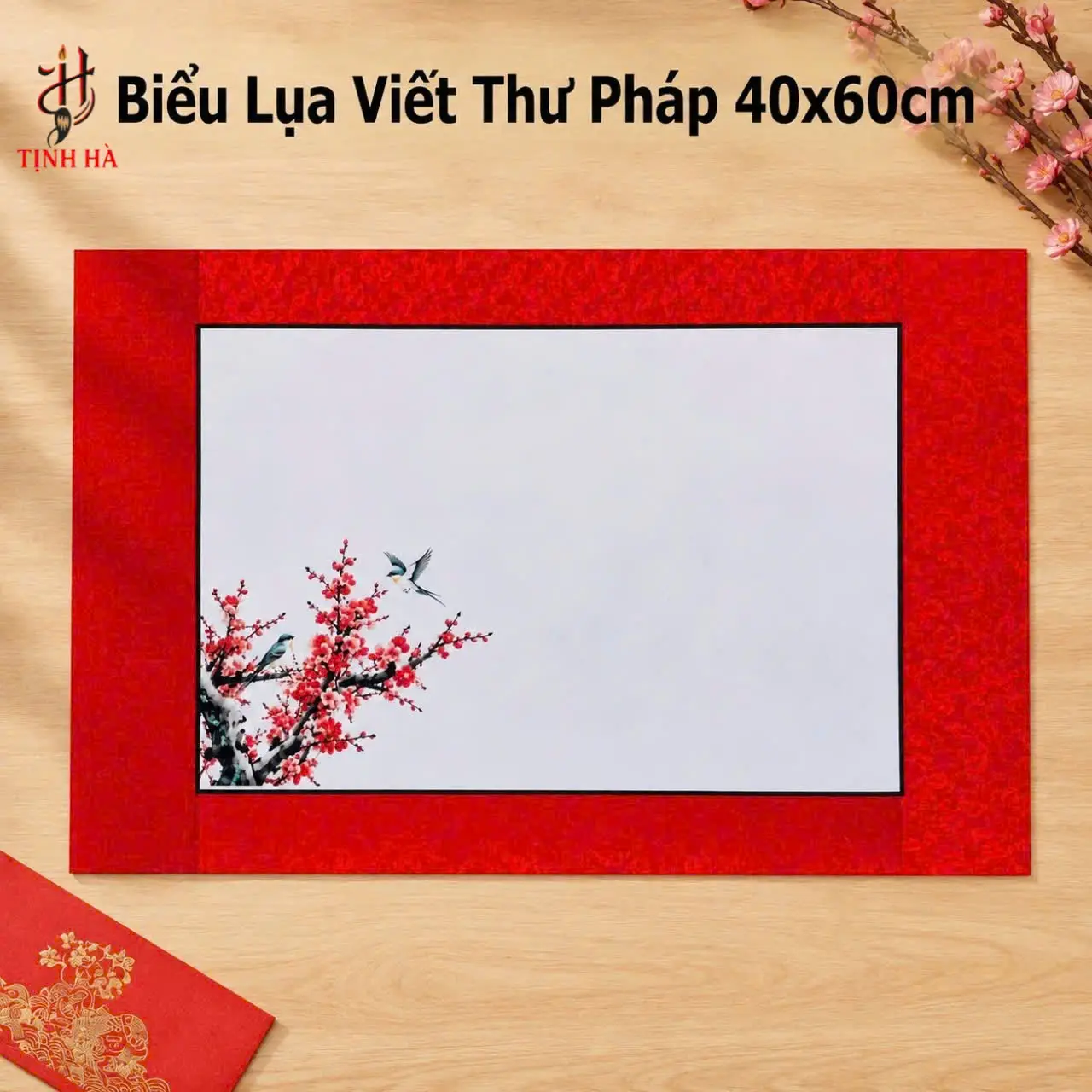 Biểu lụa viết thư pháp hoa đào viền đỏ 40x60cm