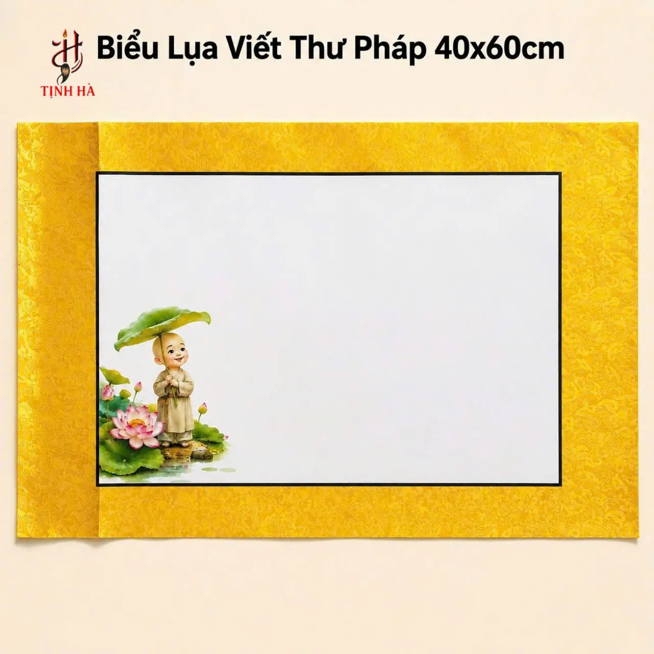 Biểu lụa thư pháp họa tiết hoa sen chú tiểu