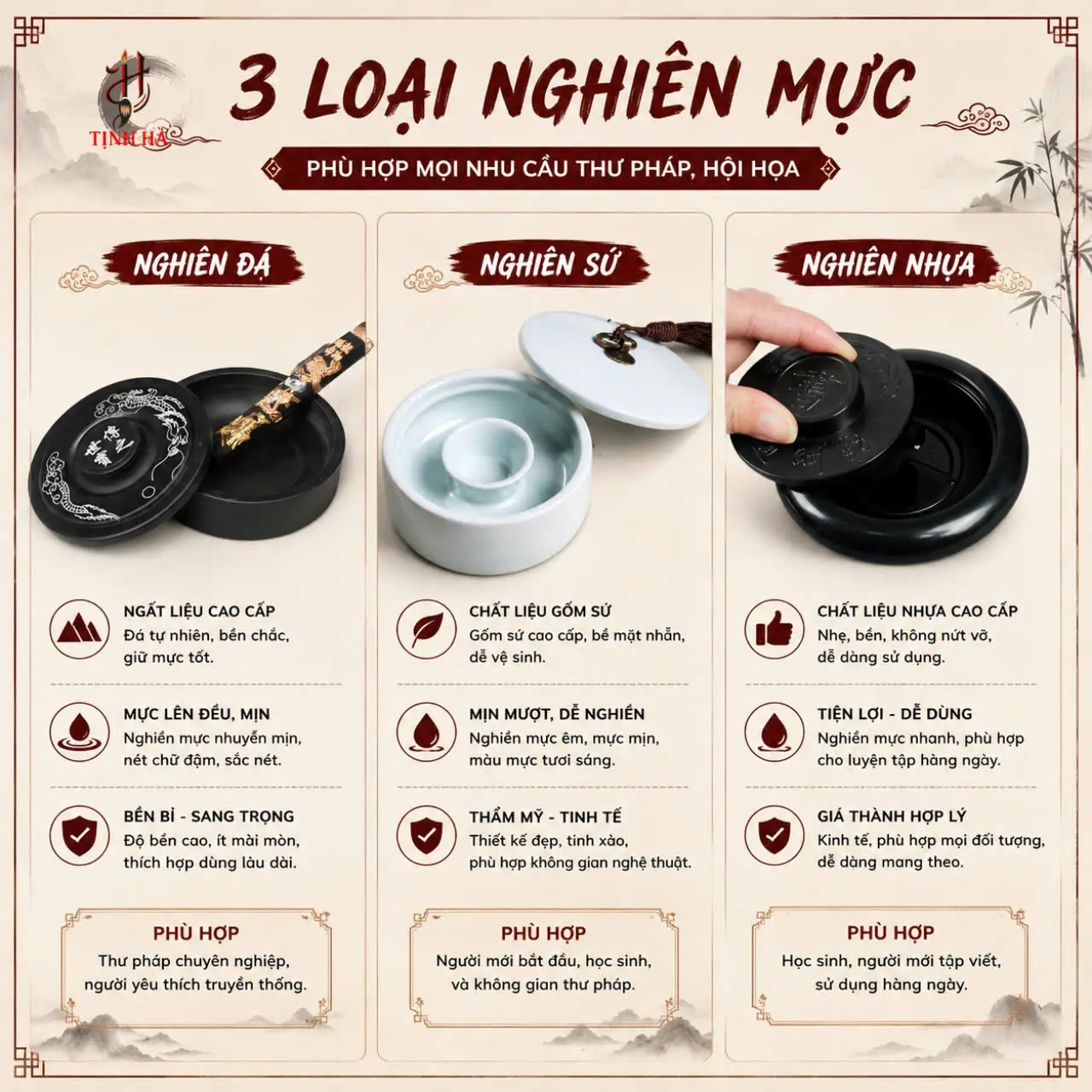 Nghiên đá nghiên sứ nghiên nhựa dùng trong thư pháp
