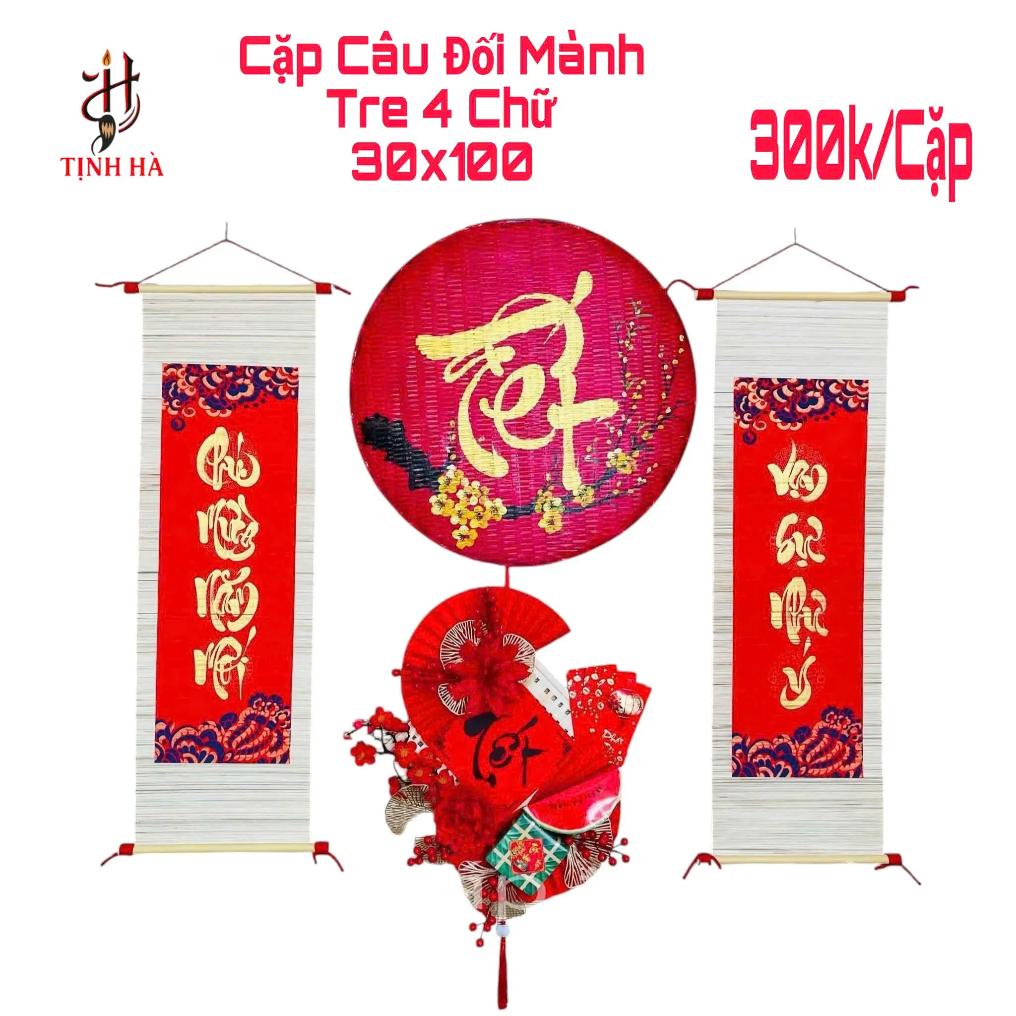 Cặp câu đối thư pháp 4 chữ treo Tết truyền thống