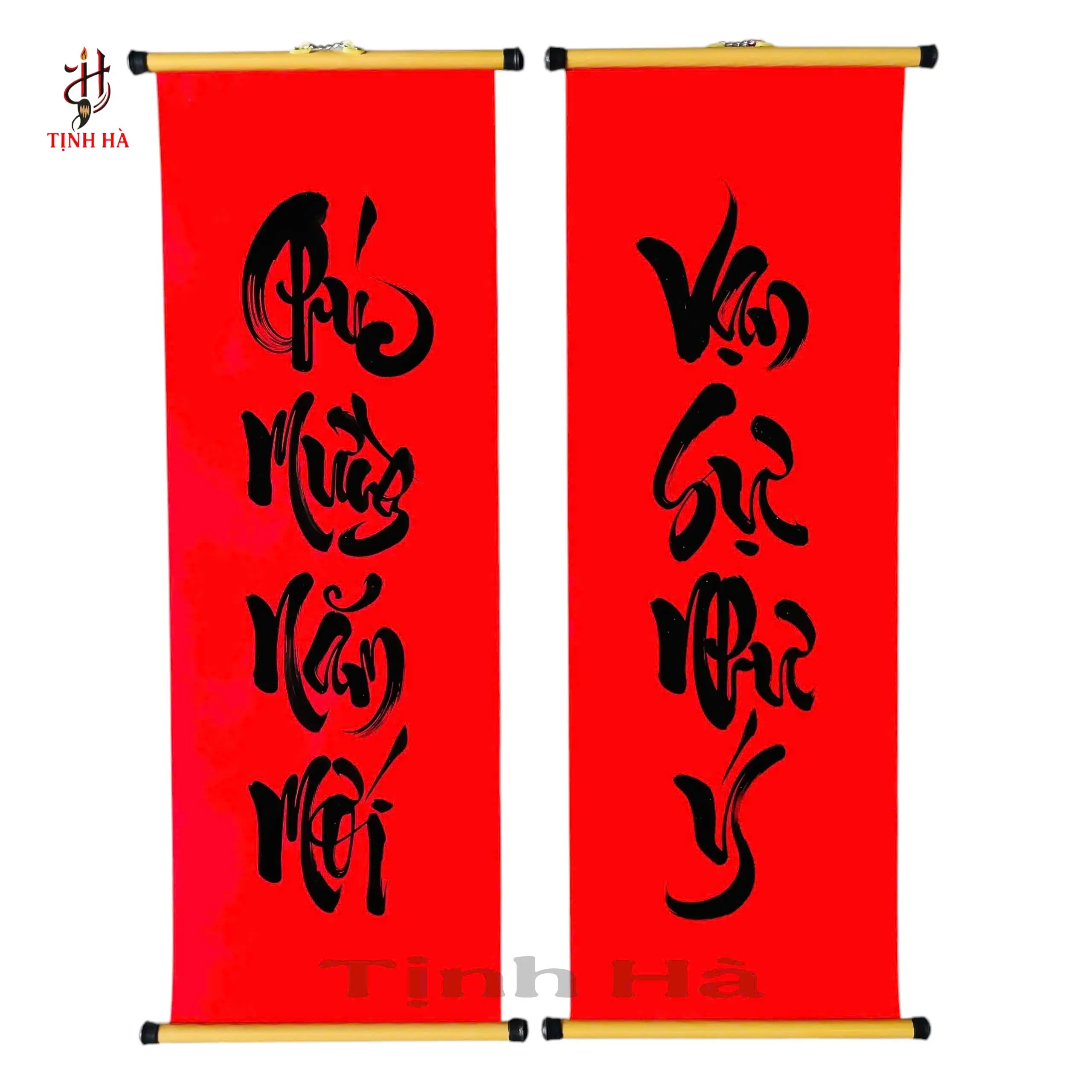 Câu đối Tết 4 chữ Chúc mừng năm mới - Vạn sự như ý viết tay trên giấy nhung đỏ của Thư Pháp Tịnh Hà.