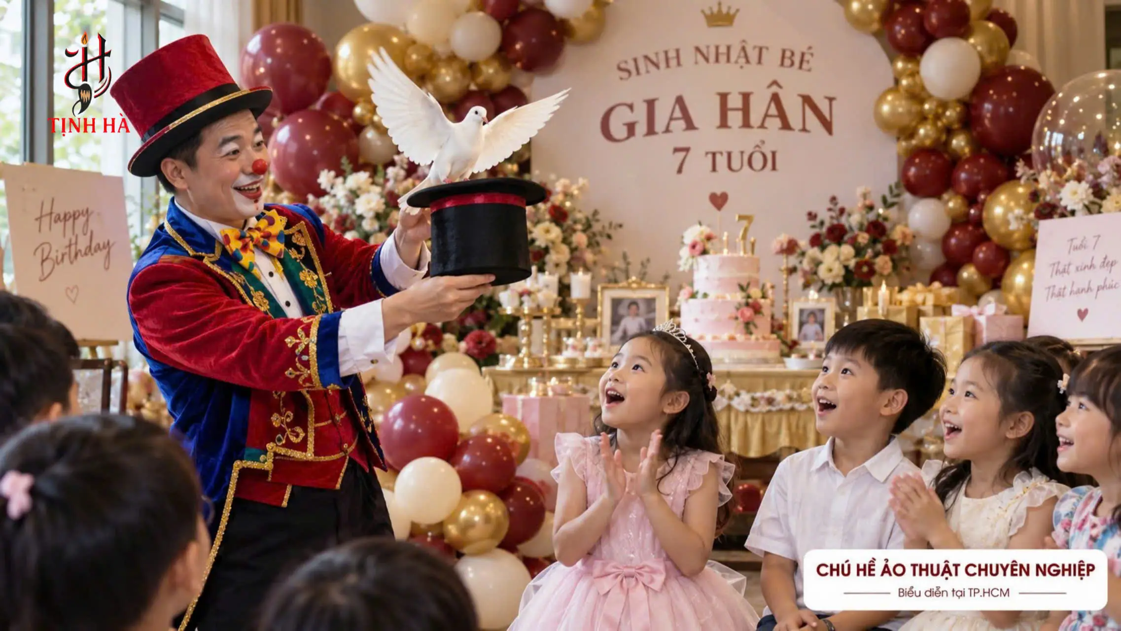 Chú hề biểu diễn ảo thuật cho trẻ em tại tiệc sinh nhật TPHCM