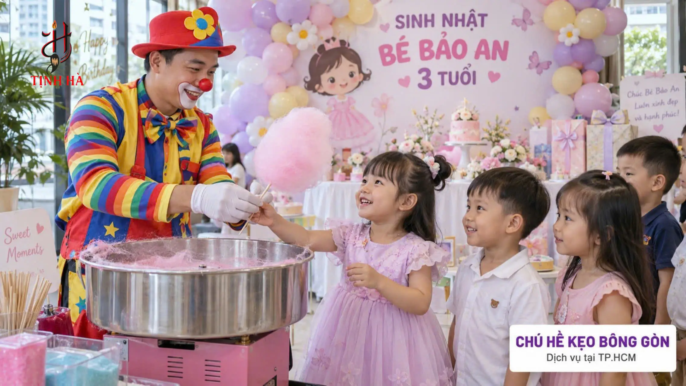 Chú hề kẹo bông gòn phục vụ tiệc sinh nhật trẻ em tại TPHCM