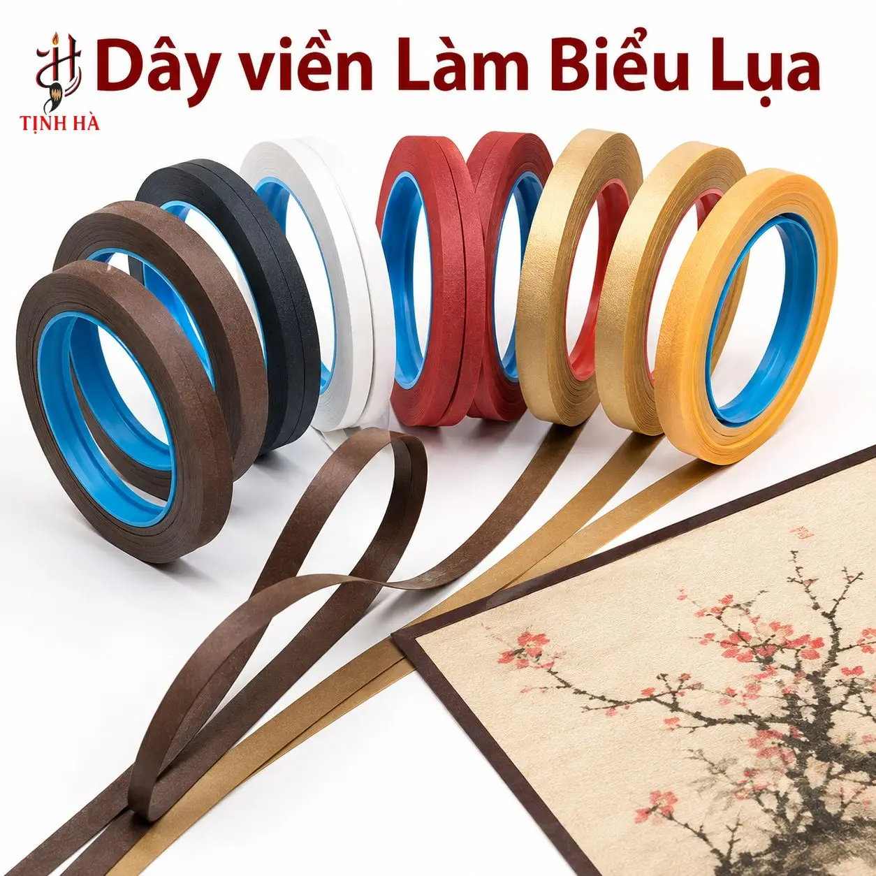 Dây viền nâu cà phê phối với vải lụa làm biểu thư pháp