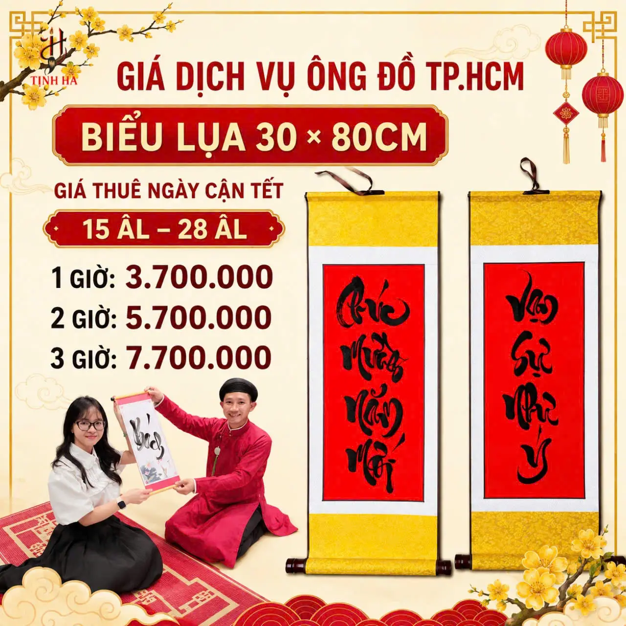 Giá thuê ông đồ viết thư pháp biểu lụa 30x80cm TPHCM cận Tết