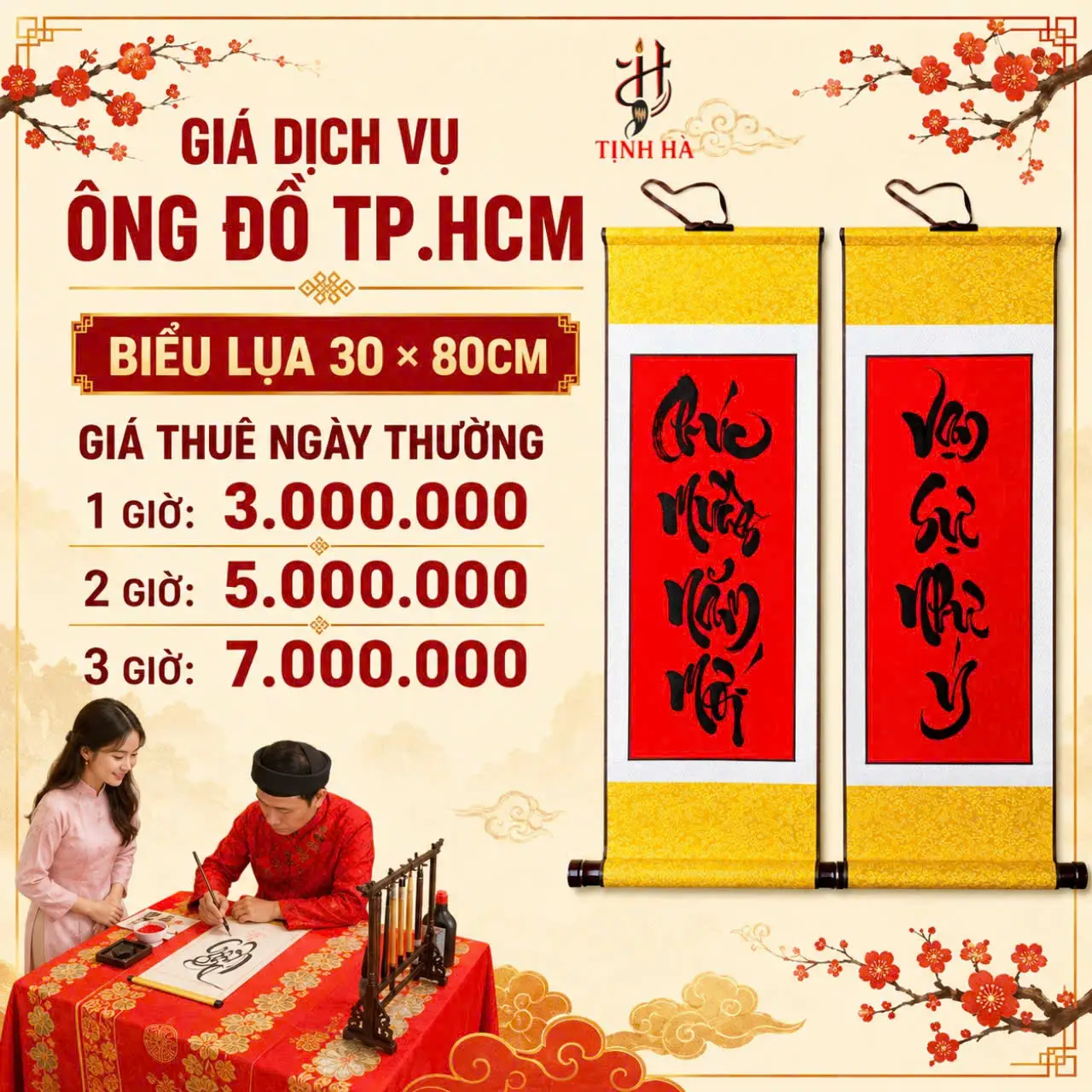 Giá thuê ông đồ viết thư pháp biểu lụa 30x80cm TPHCM ngày thường