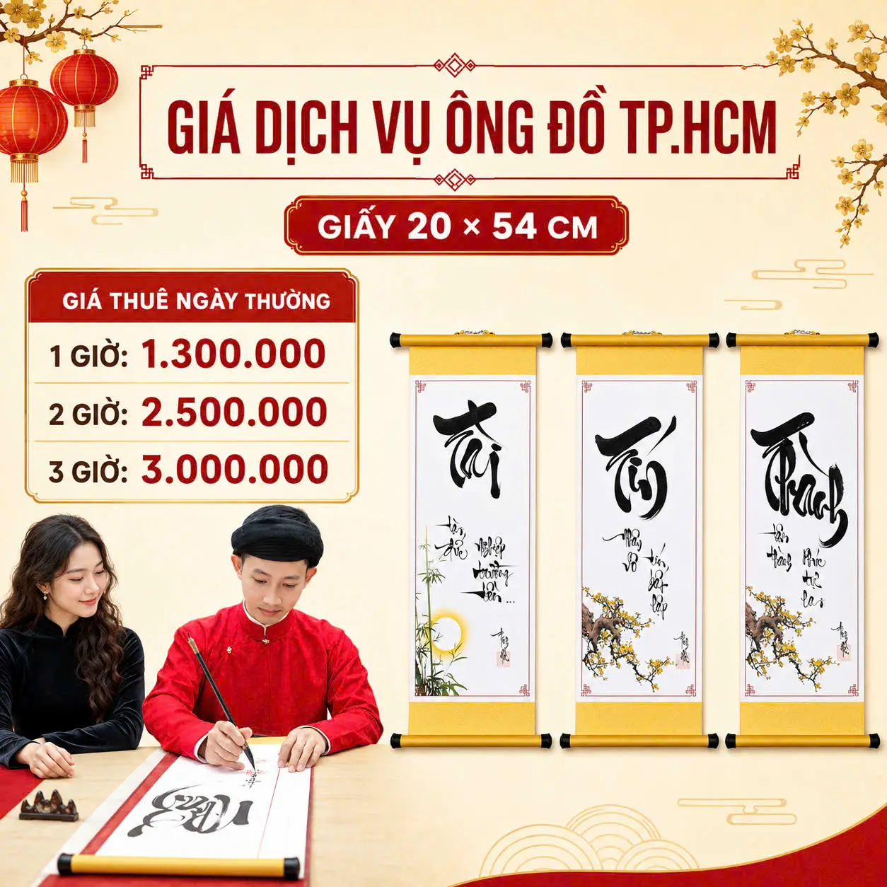 Giá thuê ông đồ viết thư pháp giấy 20x54cm TPHCM ngày thường