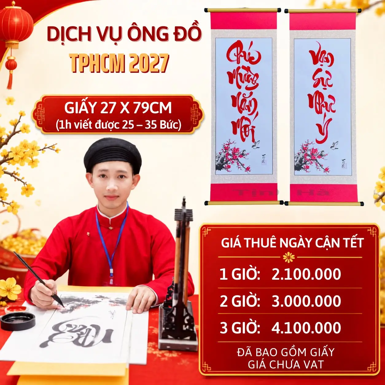 Giá thuê ông đồ viết thư pháp giấy 27x79cm TPHCM cận Tết 2027