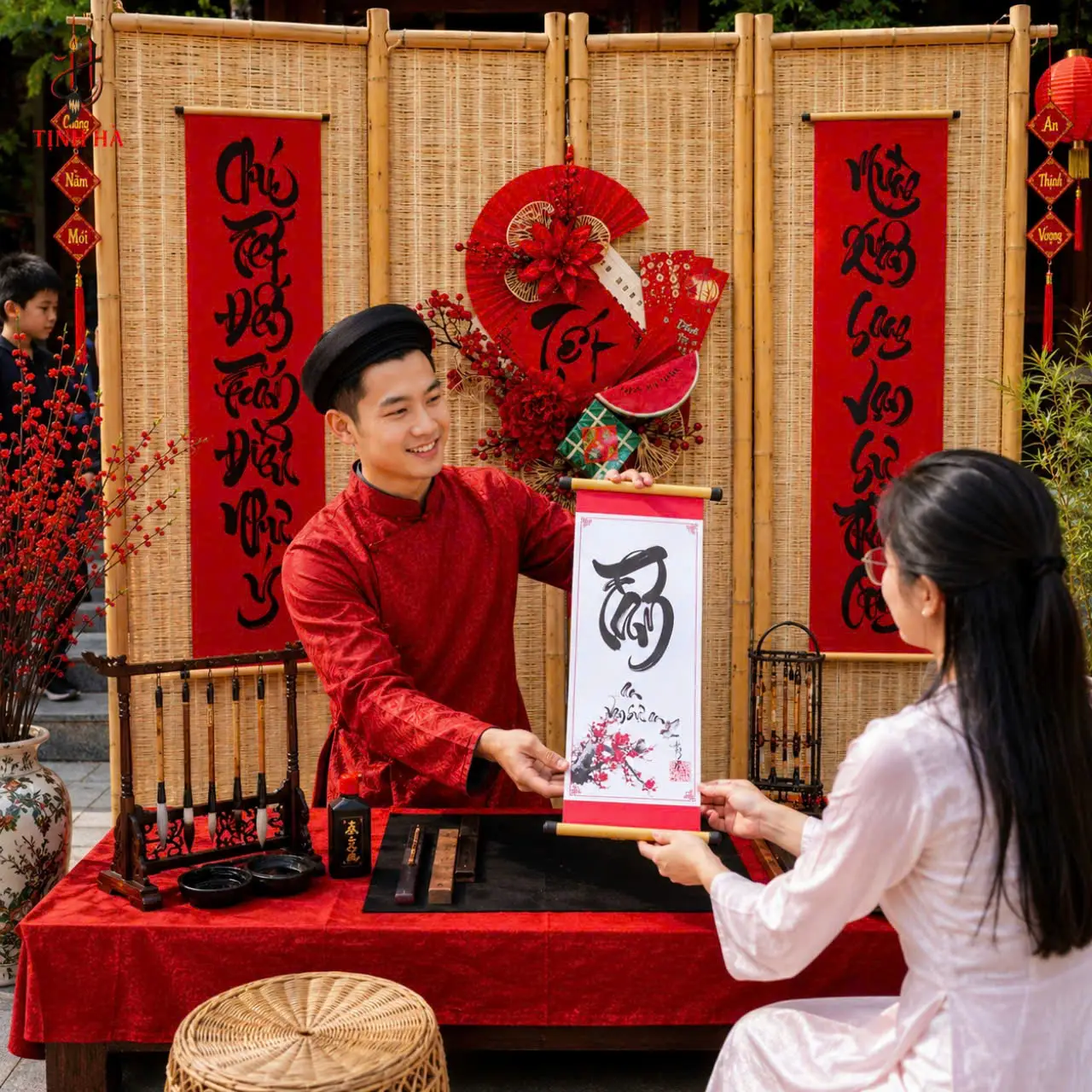 Không gian ông đồ Tết trao chữ Tài cho khách tại sự kiện Đà Nẵng