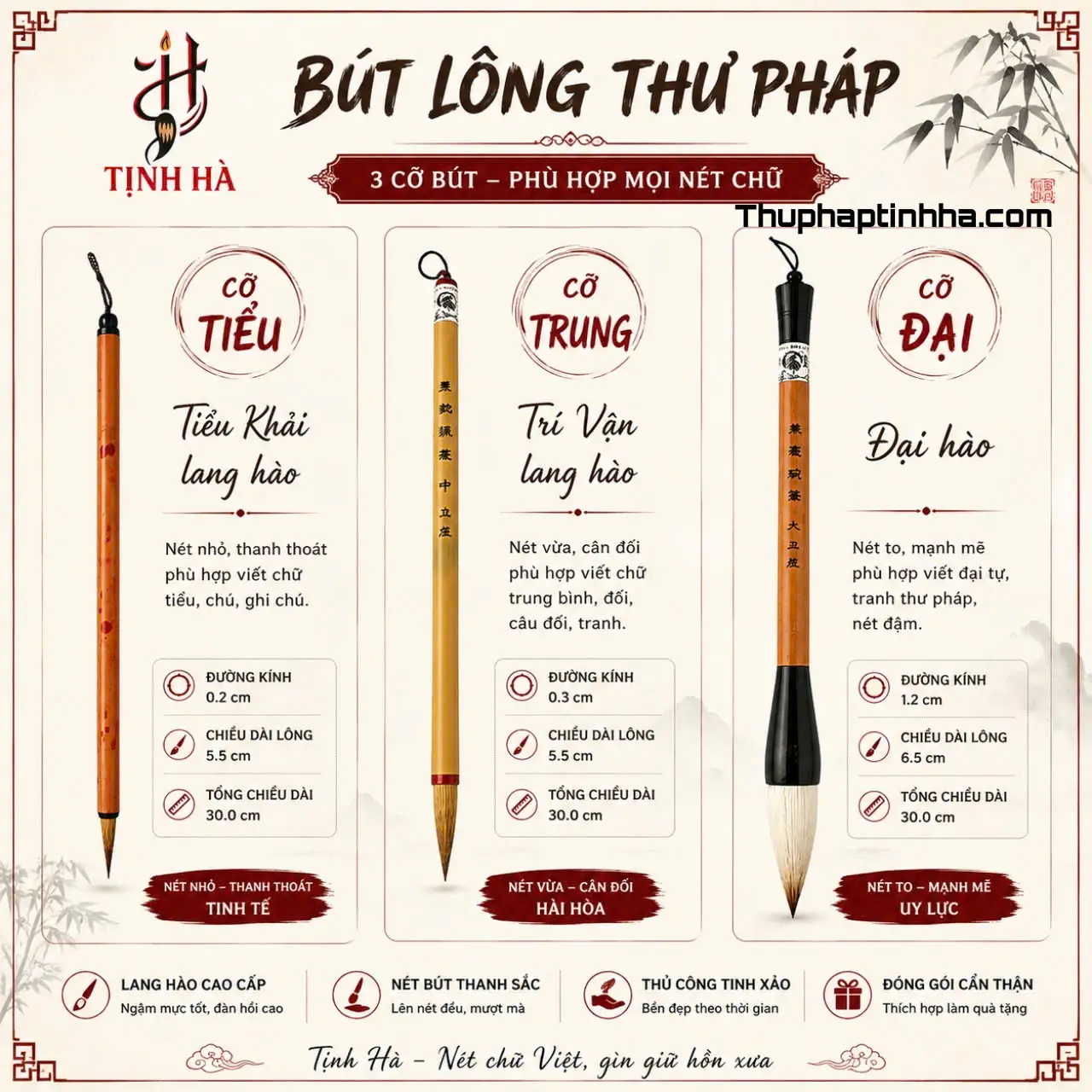 Bút thư pháp tiểu tự trung tự đại tự