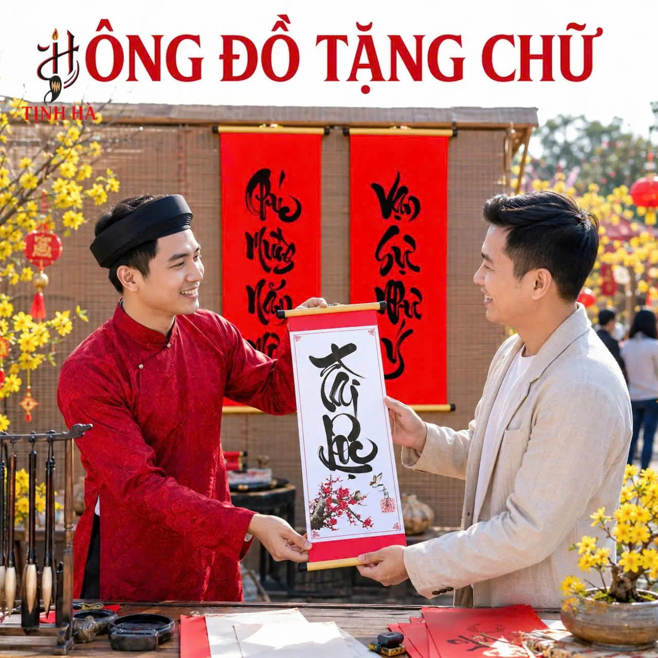 Ông đồ tặng chữ thư pháp trong không gian ngày Tết