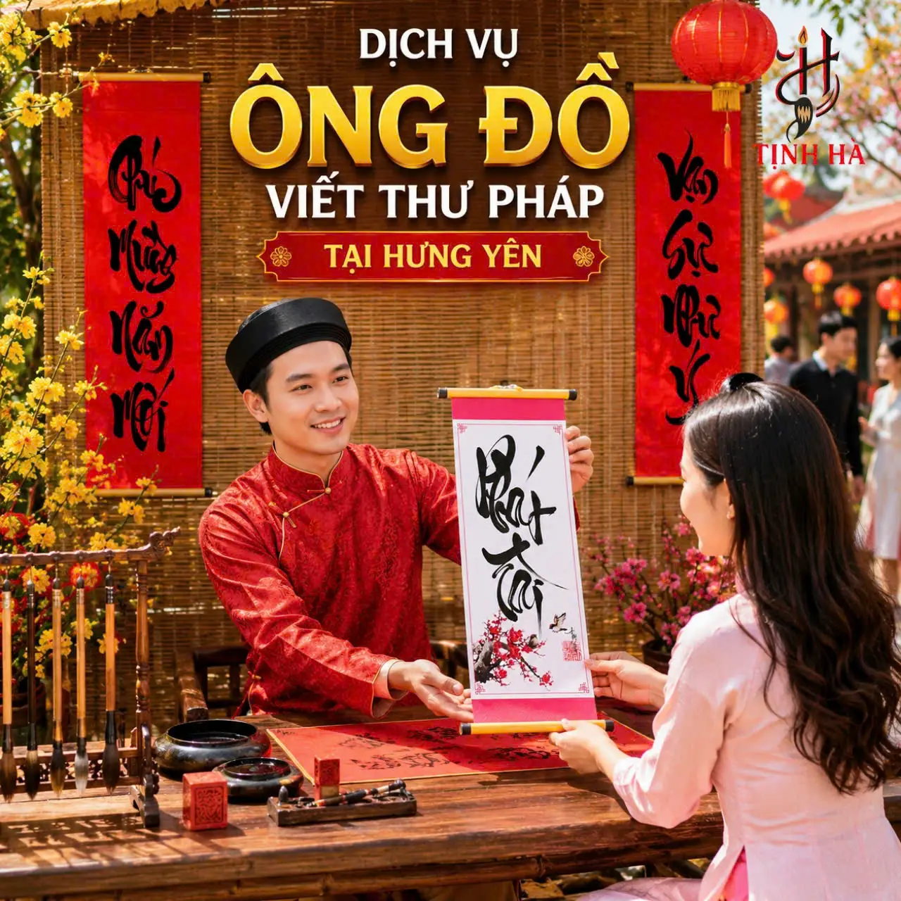 Ông đồ tặng chữ thư pháp cho khách tại Hưng Yên