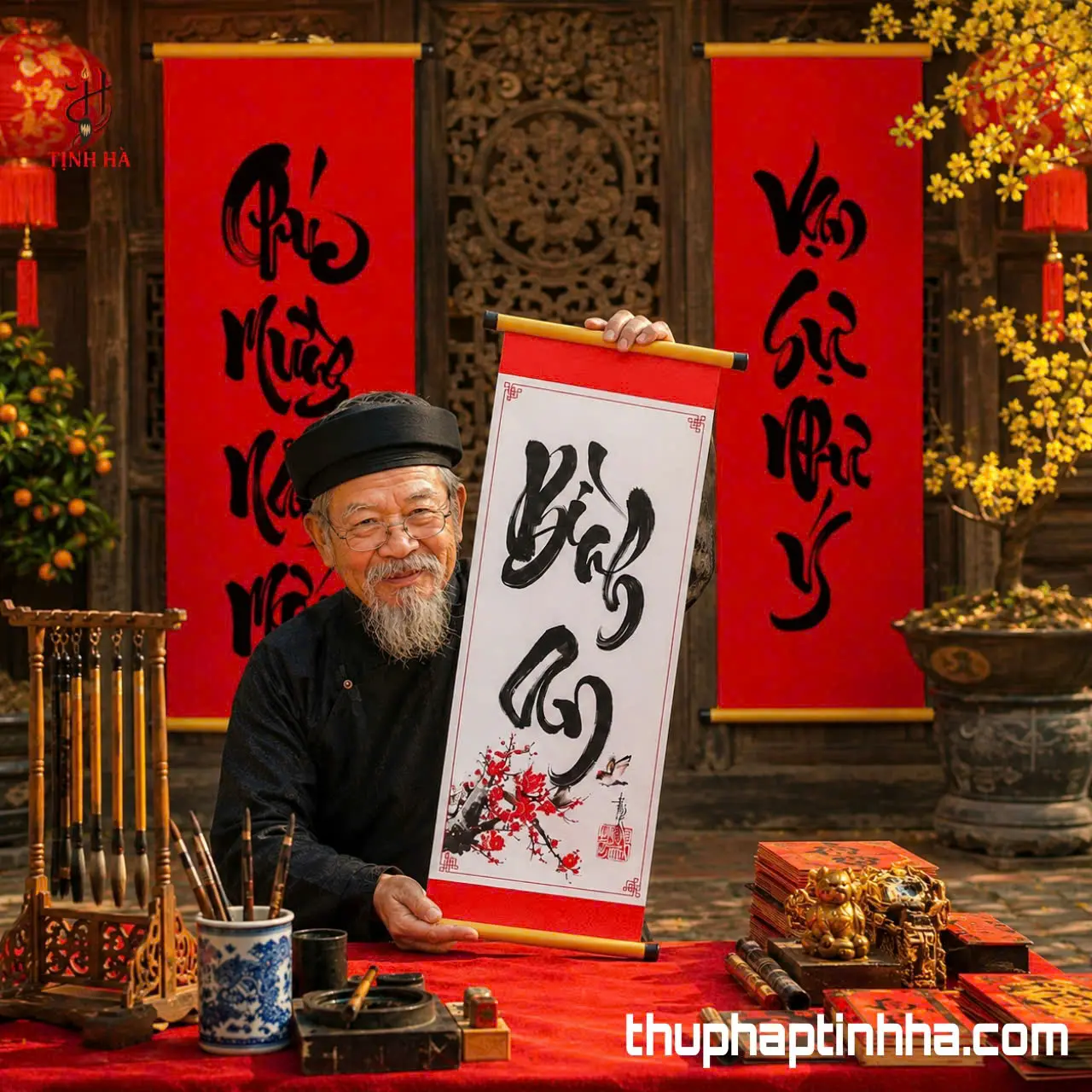 Nghệ nhân thư pháp cầm bức thư pháp chữ Bình An viết tay trên giấy biểu truyền thống