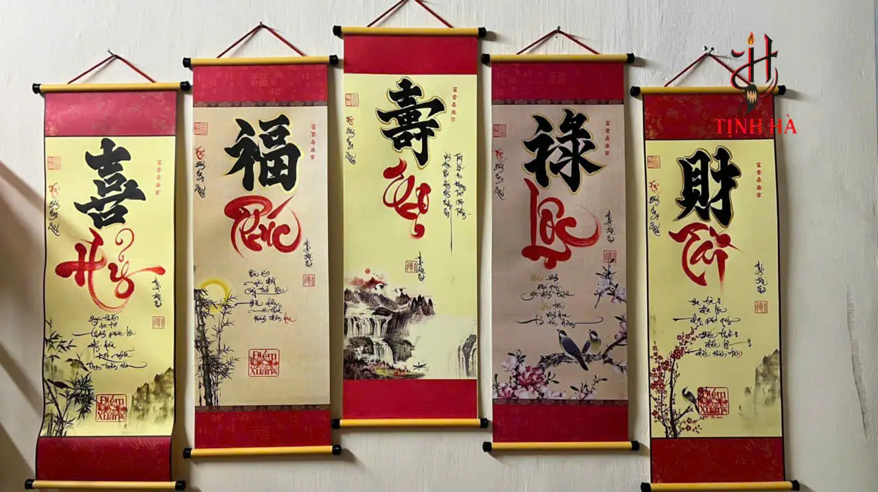Các bức thư pháp Hán Phúc Lộc Thọ Hỷ Tài Lộc do nghệ nhân Cty Thư Pháp Tịnh Hà thực hiện