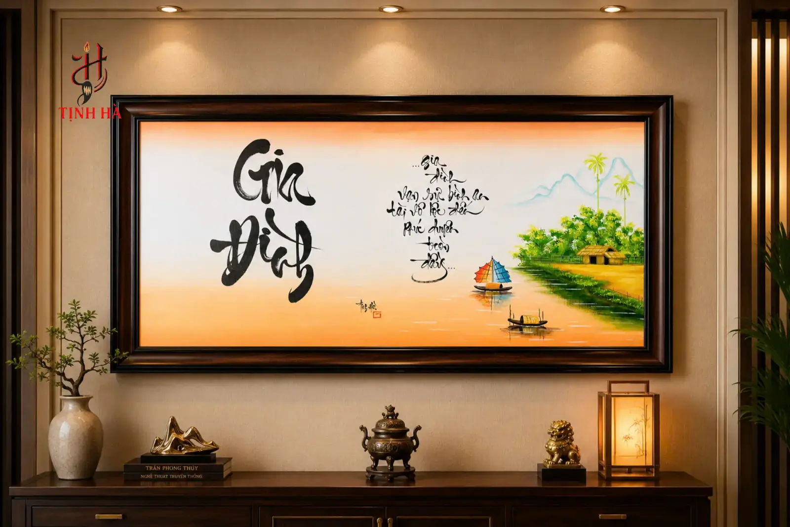 Tranh thư pháp chữ Gia Đình in trên canvas cao cấp kích thước 55x100cm.