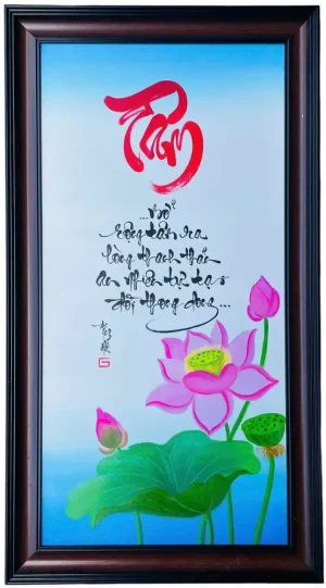 Tranh thư pháp chữ Tâm trên canvas kích thước 50x90cm, viết vẽ thủ công, khung gỗ cao cấp, phù hợp treo phòng khách và làm quà tặng.
