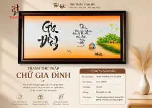 Tranh thư pháp chữ Gia Đình in trên canvas cao cấp kích thước 55x100cm.