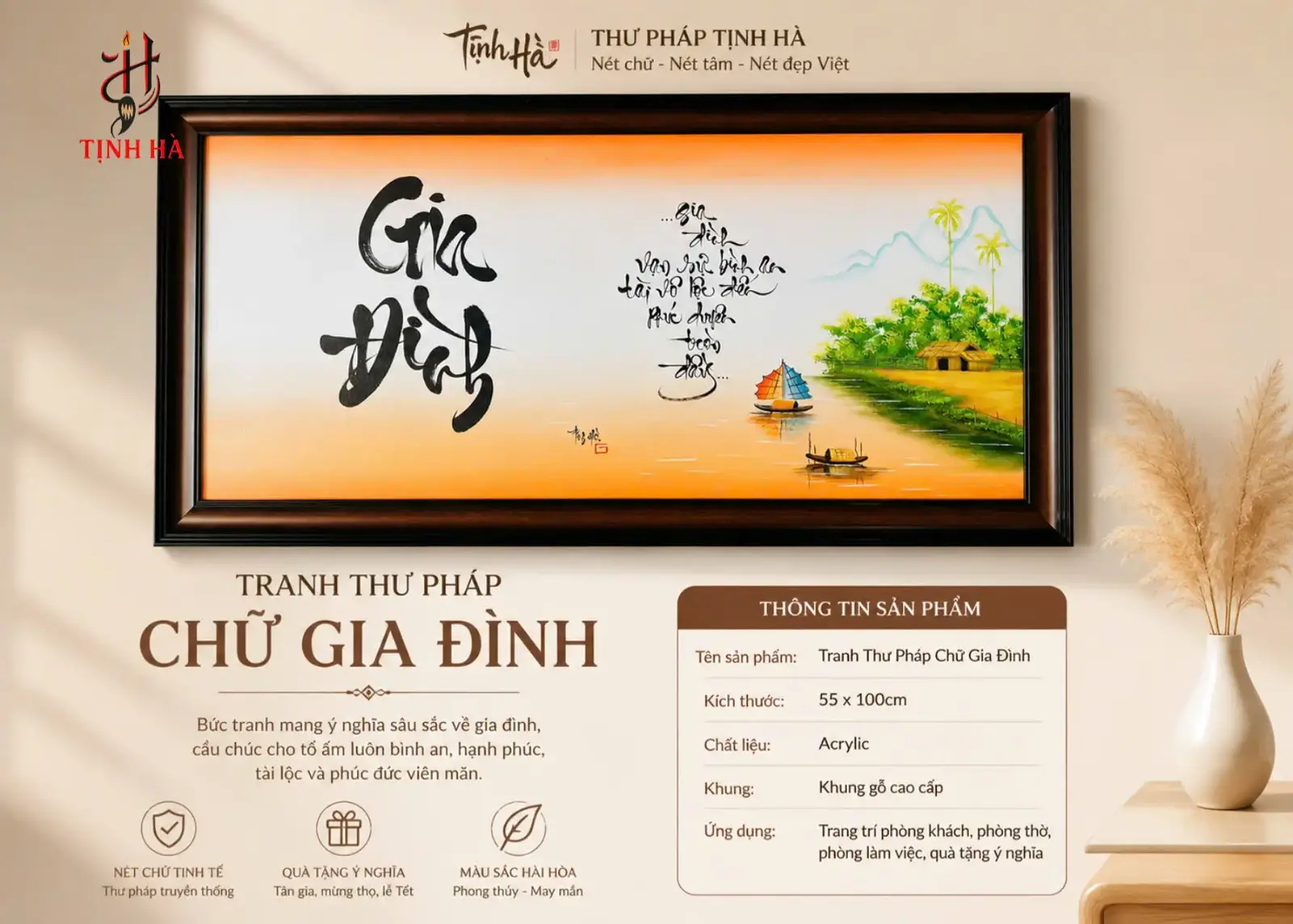 Tranh thư pháp chữ Gia Đình in trên canvas cao cấp kích thước 55x100cm.