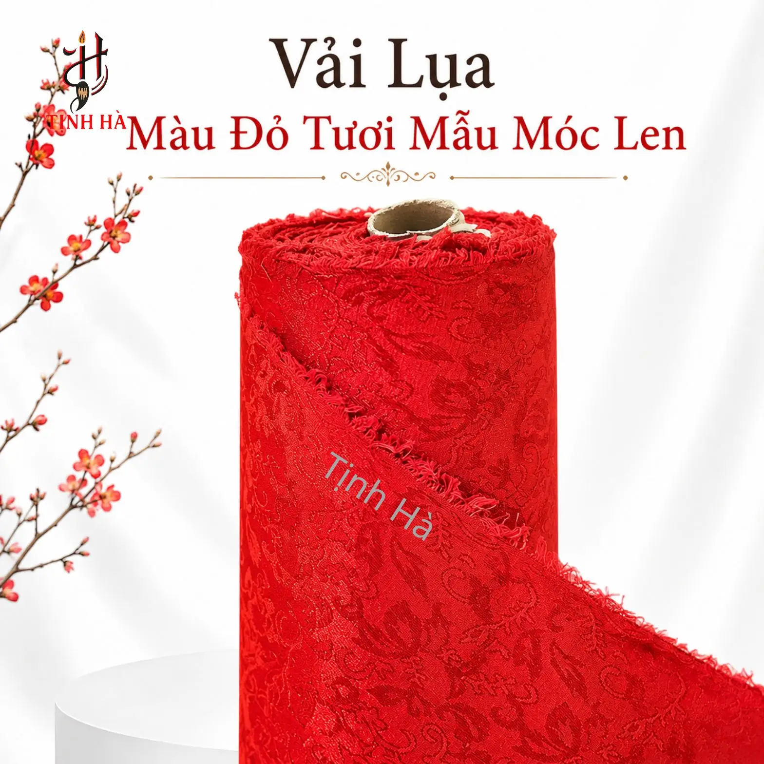 Vải lụa bồi tranh màu đỏ tươi mộc len