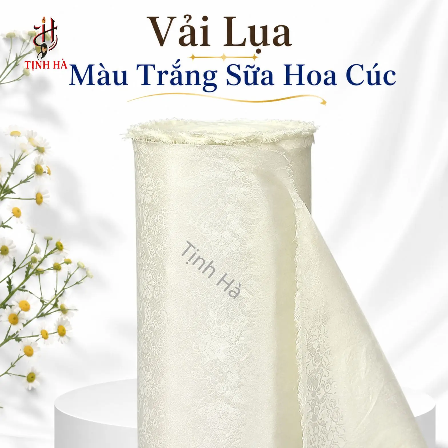 Vải lụa bồi tranh màu trắng sữa hoa cúc