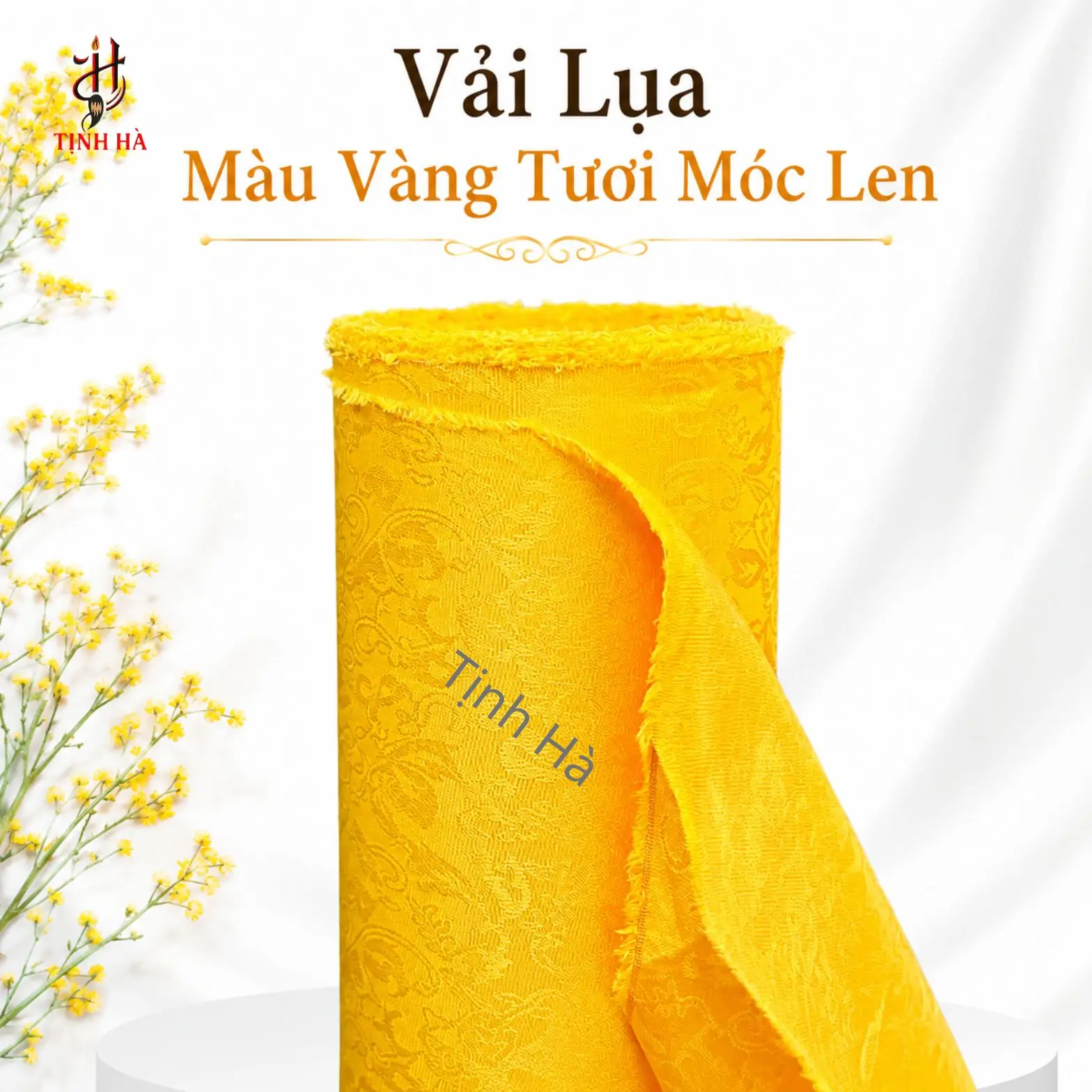 Vải lụa bồi tranh màu vàng tươi mộc len