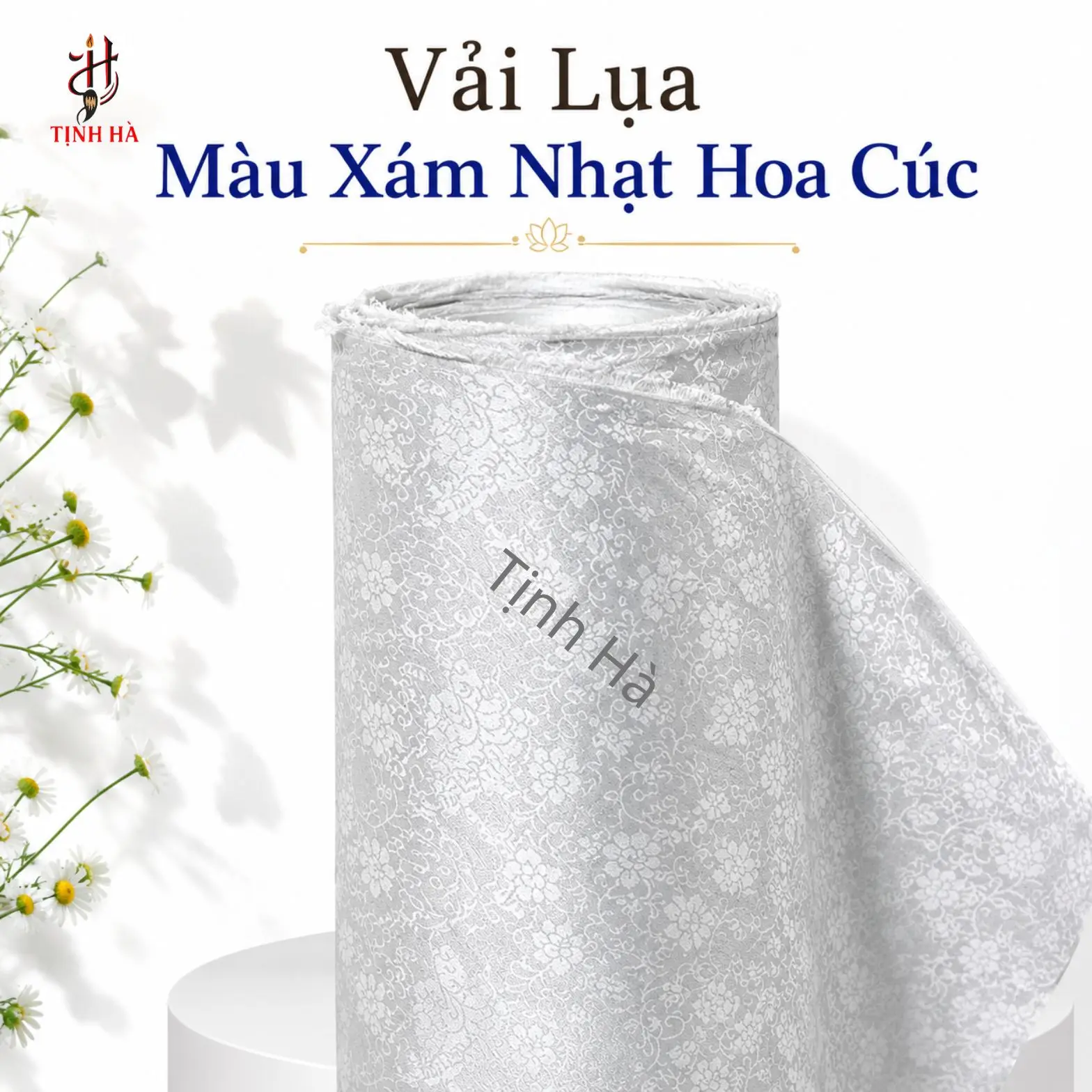Vải lụa bồi tranh màu xám nhạt hoa cúc