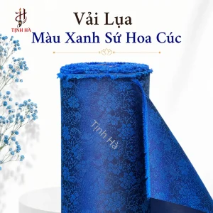 Vải lụa bồi tranh màu xanh sứ hoa cúc
