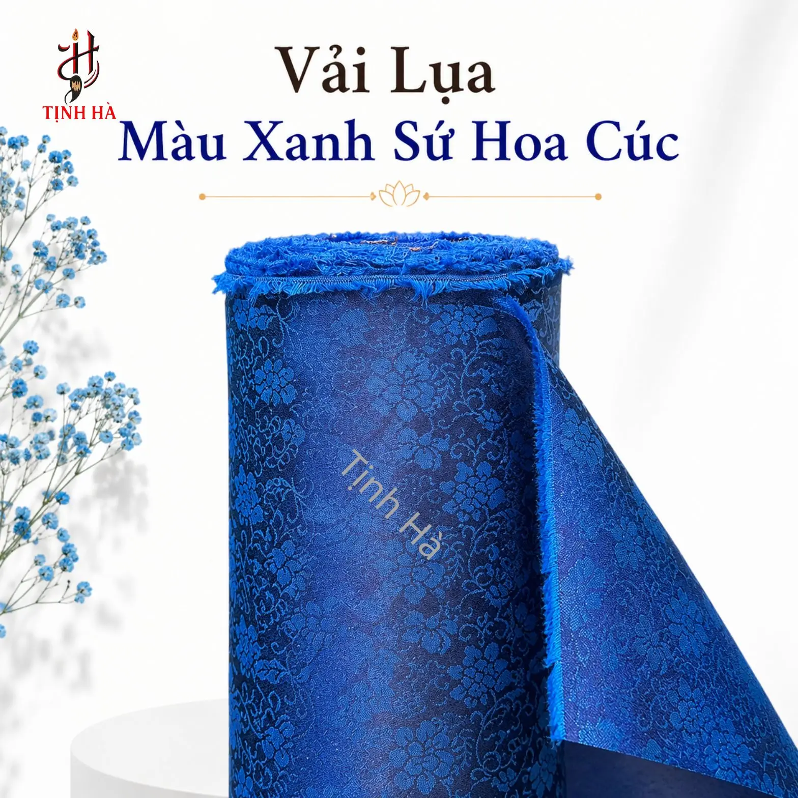Vải lụa bồi tranh màu xanh sứ hoa cúc