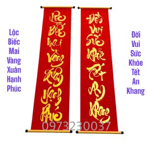 câu đối thư pháp 7 chữ giấy nhung đỏ